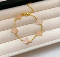 Elegant gold bracelet featuring five pink clover pendants on a delicate O-chain link - Pink Clover / Gold