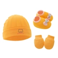 Orange cotton knit baby set with bear hat, bow booties, and mittens on white background - Ginger Bear - 3-Piece Set