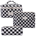 3-piece set of black and white checkered quilted cosmetic bags with top handles - Black & White Checkerboard