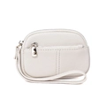 White faux leather coin purse with wrist strap and textured lychee pattern finish - White