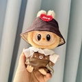 Labubu plush toy wearing brown corduroy heart hat and bear pattern overalls variant - White Collared Shirt + Dog-fixing Overalls + Brown Heart-shaped Hat / First And Second Generation Keychains Are Compatible With La Cloth Dolls. Dolls Not Included.