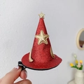 Mini red glitter wizard hat hair clip with gold stars for Halloween party costume - Red Gold Star Wizard Hat