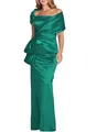 Elegant dark green satin off-shoulder evening gown with waist bow and mermaid silhouette - US size 14 (XL) / Top And Bottom / Green