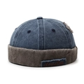 Retro washed denim color-block docker hat in navy blue and brown with distressed patch - Adjustable / Blue Hat with Coffee Edge