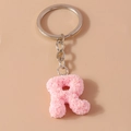 Pink resin letter R keychain with embossed rose floral texture and silver metal ring - Letter R