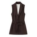 Chic dark brown sleeveless vest suit with waist tie design and straight leg trousers - XS / Suit Vest / Dark Brown