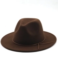 Overhead view of a dark brown wool fedora hat with a flat wide brim and leather band - L(58-60cm) / Coffee