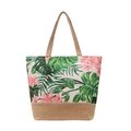 Linen tote bag with tropical green leaves and pink floral print and jute bottom base - Style 4/Beige Floral