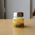 Mini tarro de cristal de borosilicato con tapa plateada y estampado My Cup sobre madera - Tarro Pequeño / Azul 150ml