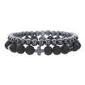 Detail of hematite and lava stone beads with metal cross pendants on a bracelet set - 6mm Hematite + 8mm Lava Rock