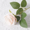 Single light pink artificial silk rose with green leaves on white knit background - Champagne (Velvet Version)
