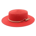 Detail of red boater straw hat featuring a beige decorative band and gold metal buckle - M (56-58cm) / Red