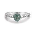 S925 Silberring mit Herz aus Moosachat im Blatt- und Rankendesign und Mikrodiamanten - US-Größe 6 / Weißgold