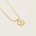 Minimalist gold four-leaf clover necklace with white inlay and letter R pendant - Letter R
