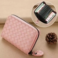 Pink woven texture card holder with secure zipper and multi-slot accordion interior - 9 Card Slots + 2 Coin Slots / Pink