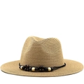 Strohoed Panama-stijl voor heren en dames met brede rand en houten kralen - M (56-58cm) / Khaki