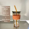 Amber 450ml glass cup with straw, black lid and protective silicone sleeve - Amber + Tea Lid + Amber Glass Straw + Orange Silicone Sleeve