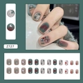 Short agate green press-on nails with marble ink patterns and 3D diamond flower accents - Z727 Colorful Rhinestone