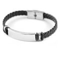 Men's vintage black braided leather bracelet with silver stainless steel plate - KZ07-Leather-Silver