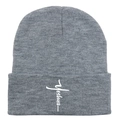 Detail of grey knitted beanie with white Yeshua cross embroidery on the fold-up cuff - 54-60cm / Light Heather Grey