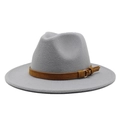Detail of grey fedora hat featuring a brown leather strap with metal buckle and fringe - M (56-58cm) / Gray