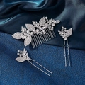 Peigne à cheveux de mariée argenté avec motif de feuilles et cristaux sur fond bleu - Ensemble de peignes / Argenté