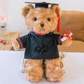 Cuddly graduation teddy bear plush wearing a black bachelor gown and mortarboard - Brown Braided Graduation Bear - Red Collar / 30 cm