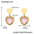 Pink heart glass stones and golden stainless steel drop earrings shown with measurements - Pink Faceted Stone Gold Earrings (F947)
