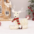 Plush beige Christmas reindeer ornament with snowflake pattern and red green scarf - Lying Style (30cm)