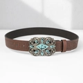 Ceinture pour hommes en cuir marron avec motifs embossés et boucle turquoise rétro - 110cm / café