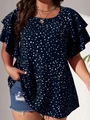 Navy blue polka dot ruffle sleeve blouse styled with denim shorts for a casual summer look - 0XL / Dark Blue