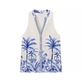 Damen Ärmelloses V-Ausschnitt Oberteil mit blauem Tropenprint und Knopfleiste in Weiß - XS / Tops