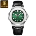 Slim quartz men's watch featuring octagonal steel case and green dial with black leather strap - Silver Case Green Dial Leather Strap
