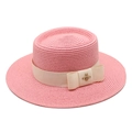 Pink wide brim boater straw hat featuring cream ribbon and golden bee ornament - M (56-58cm) / Dusky Pink