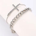 Silver rhinestone cross and cuban chain bracelet set with sparkling crystal accents - Silver (2482)