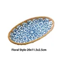 Floral pattern ceramic oval plate with rattan rim, size 20x11.5x2.5cm - Flower Style