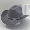 Gray western cowboy hat with silver beaded band and colorful rhinestone accents - Light Gray
