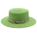Flat top grass green straw boater hat for women with chunky gold metal chain link band - Grass Green