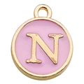 Pink enamel round letter N charm with gold plating for DIY jewelry and bracelets - Letter N / 1 Piece (12x14mm) / Pink