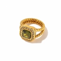 Bague en acier doré avec pierre verte carrée et entourage de fins cristaux - Or Torsadé Carré Vert + Pavé Zircon (YR56)