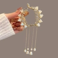 Elegante fermaglio per capelli mughetto con nappine lunghe e perle dorate - J75 Foglia Fiore Nappa Molletta a Griffe