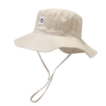 Detail eines beige Sonnenhuts mit Smiley-Patch und Kordelzug für Outdoor-Sonnenschutz - 52-54cm / Beige