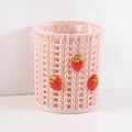 Pink plastic woven pen holder with cute strawberry ornaments for desk organization - Strawberry