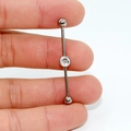G23 titanium industrial barbell earring with a centered clear cubic zirconia stone - White Flat Zirconia