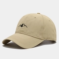 Close-up of khaki baseball cap featuring detailed mountain embroidery and durable stitching - Adjustable / Khaki
