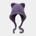 Detailed close-up of purple knit cat ear beanie featuring ear flaps and long braided ties - Purple