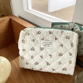 Quilted floral makeup bag with cherry pattern and zipper on a wooden desktop - Large Size Cherry