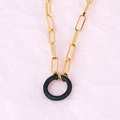 Interlocked gold-plated chain necklace featuring a black pavé diamond circular pendant - Round Green Zirconia Necklace