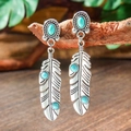 Bohemian vintage silver feather drop earrings with turquoise stones in water drop shape - Old Silver Feather (HQEF-0913)