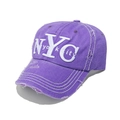 Detail of purple distressed canvas baseball cap featuring white NYC 3D embroidery - M (56-58cm) / Purple